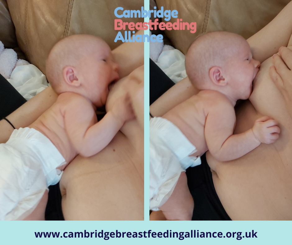 Image montage of two images showing first image on the left is of baby skin to skin, lying tummy down as mother is lying back, rooting for the breast. Her mouth is wide open as she searches for the nipple.  Second image on the right, show the baby has found the breast and is latched on deeply.