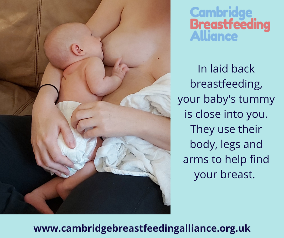 Image showing all of the baby's body, skin to skin on her mother who is lying back. Baby is using her harms and legs to help find the breast. Text: In laid back breastfeeding, your baby's tummy is close into you. They use their body, legs and arms to help find your breast. 