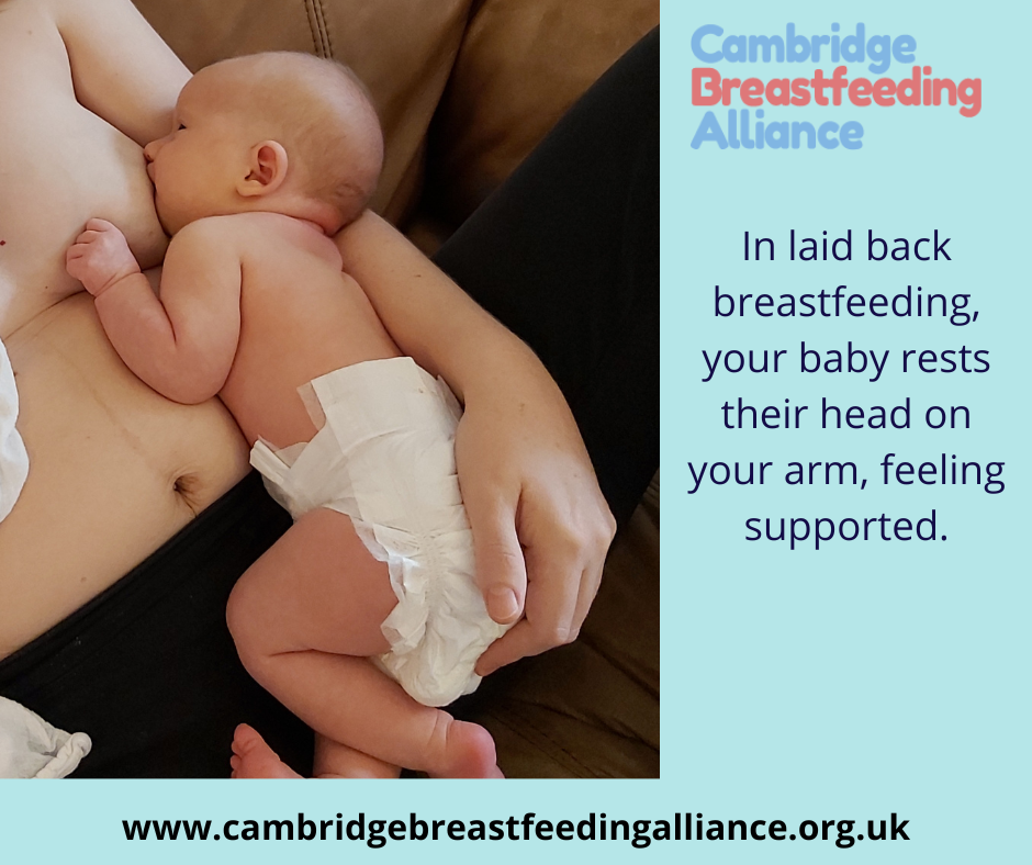 Image; baby in laid back breastfeeding position, with her mother's arm coming round the outside of her holding onto her bottom. Baby is resting her head on her mother's upper arm. Text: In laid back breastfeeding, your baby rests their head on your arm, feeling supporting. 